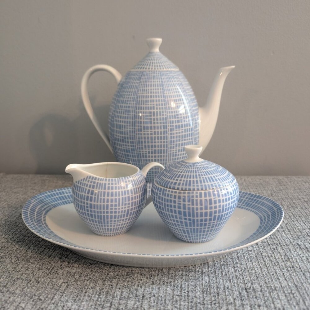Arzberg "Bastdekor Blau" (Blue) Coffee Pot Set with Creamer, Sugar Bowl & Tray